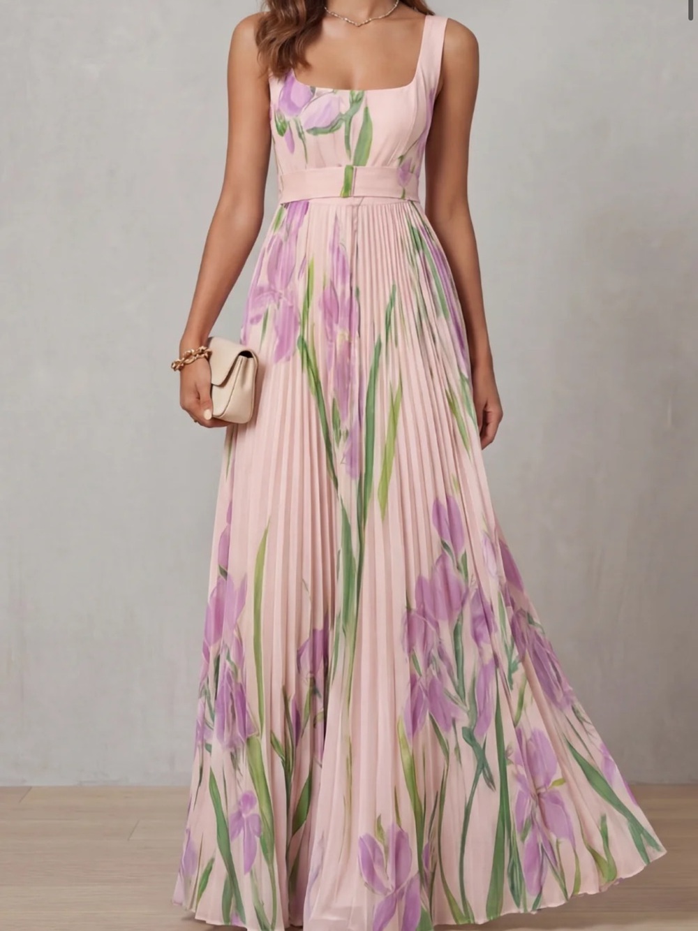 Floral Pleated Maxi Dress in Pale Pink with Lavender Print